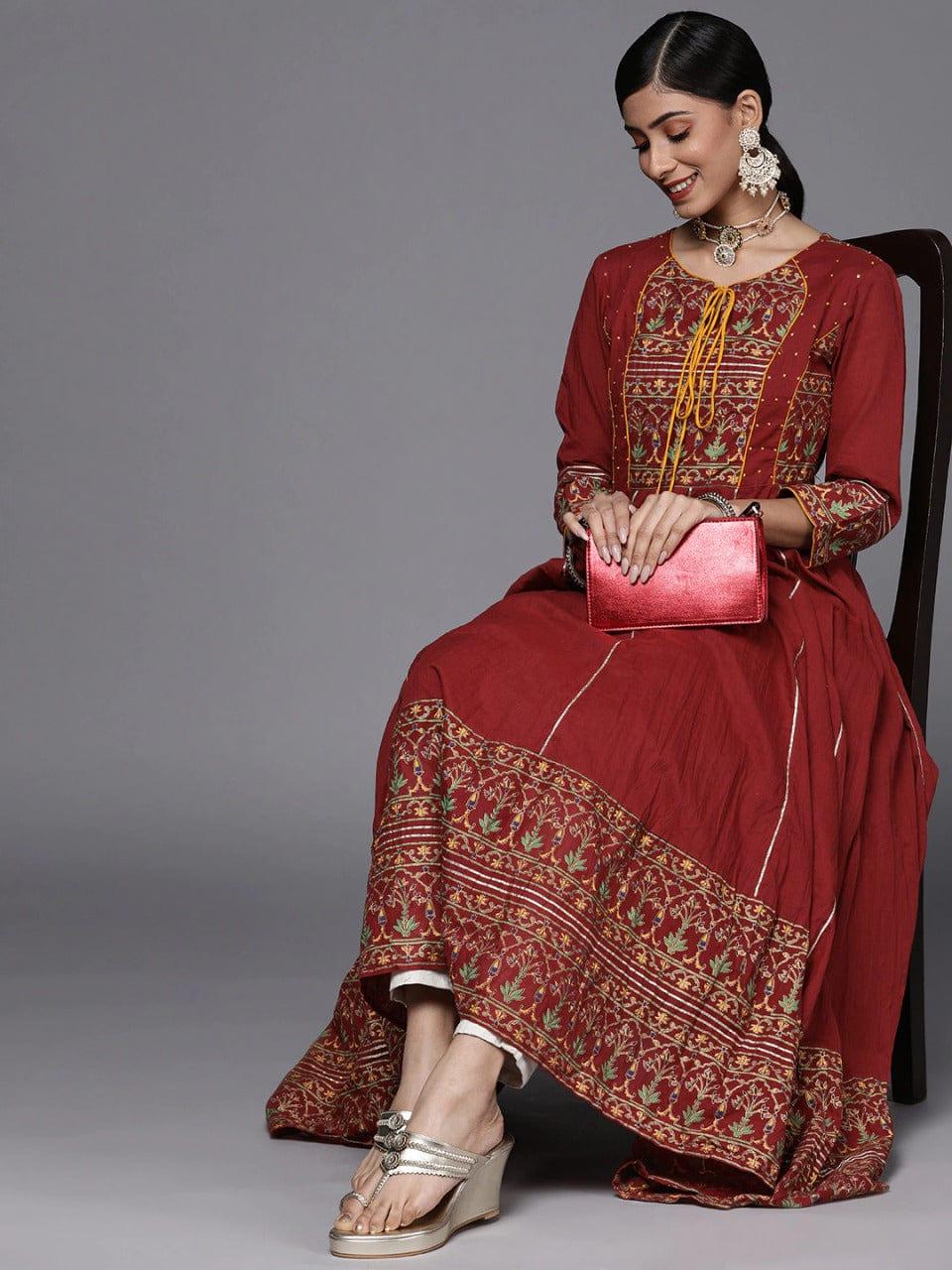 Maroon And Mustard Printed Anarkali Kurta With Gota Work And Dori Tassel Embellishment - Indiakreations