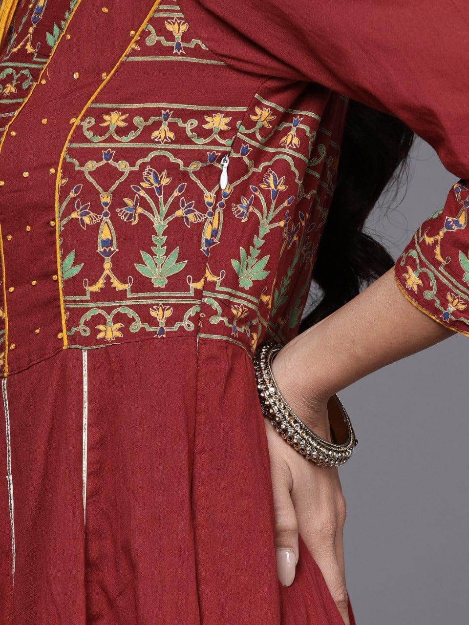 Maroon And Mustard Printed Anarkali Kurta With Gota Work And Dori Tassel Embellishment - Indiakreations