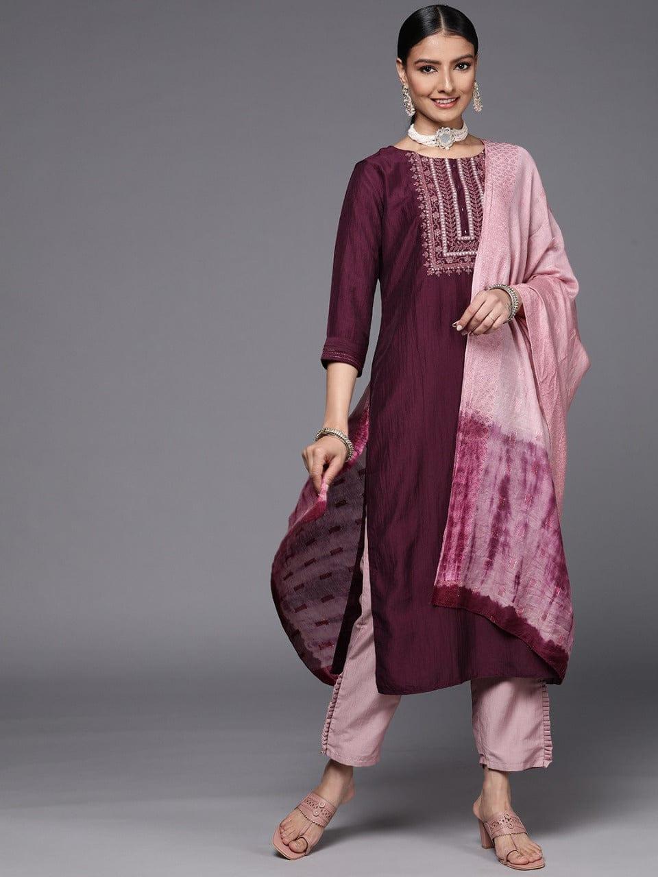 Varanga Women Burgundy Rose Yoke Design Thread Work Kurta with Trousers Dupatta - Indiakreations