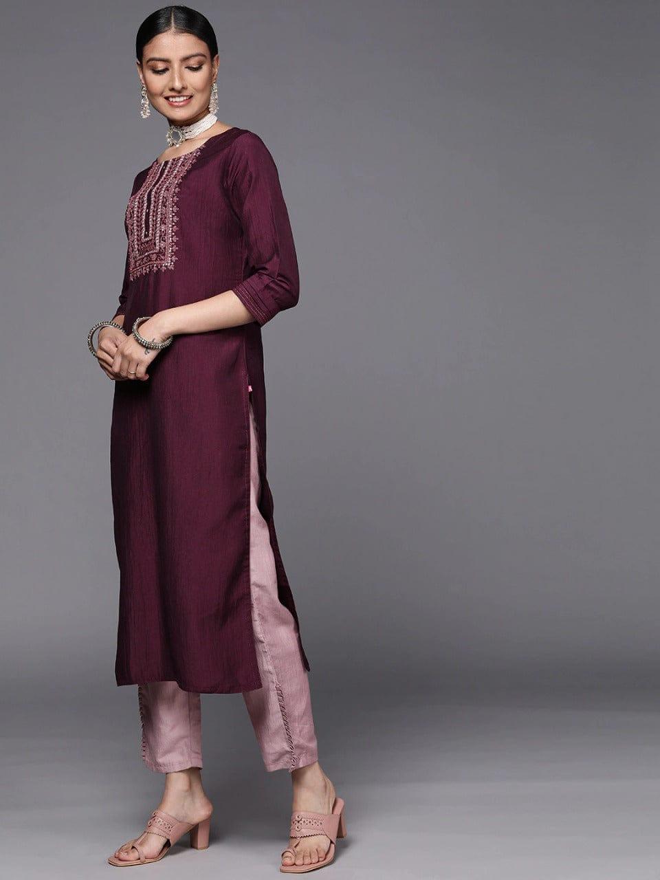 Varanga Women Burgundy Rose Yoke Design Thread Work Kurta with Trousers Dupatta - Indiakreations