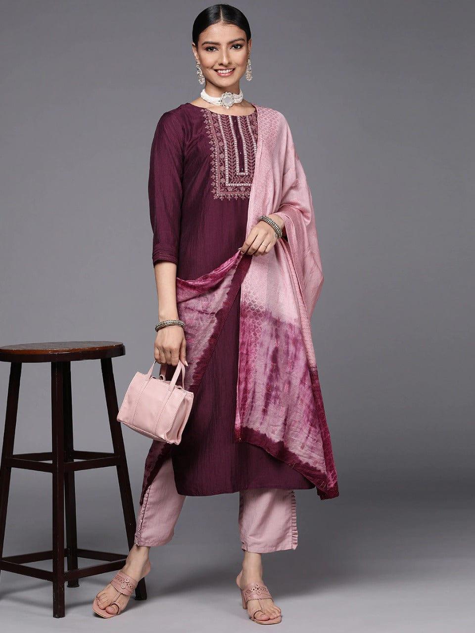 Varanga Women Burgundy Rose Yoke Design Thread Work Kurta with Trousers Dupatta - Indiakreations