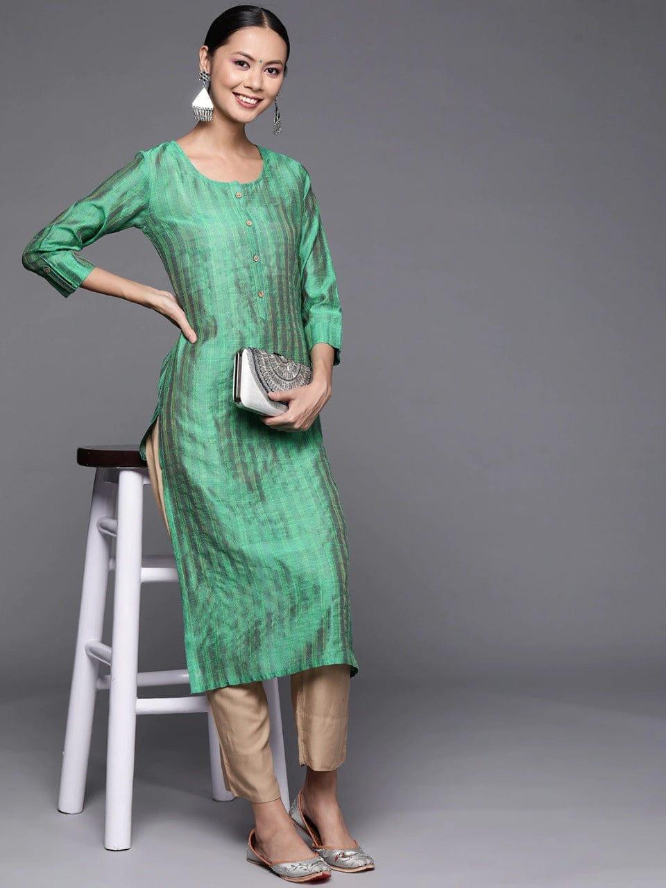 Women Green Silk Woven Design Straight Kurta - Indiakreations