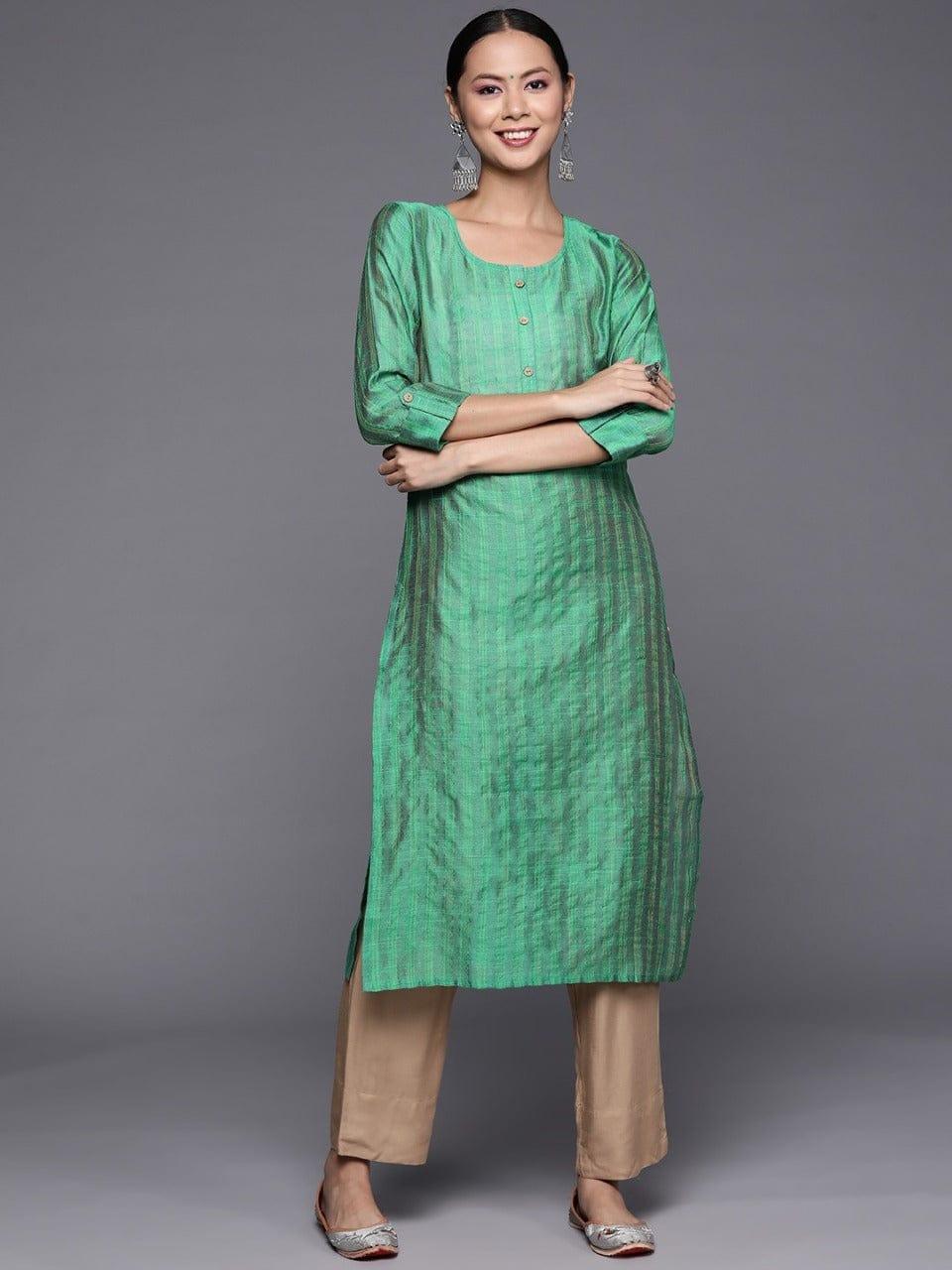 Women Green Silk Woven Design Straight Kurta - Indiakreations