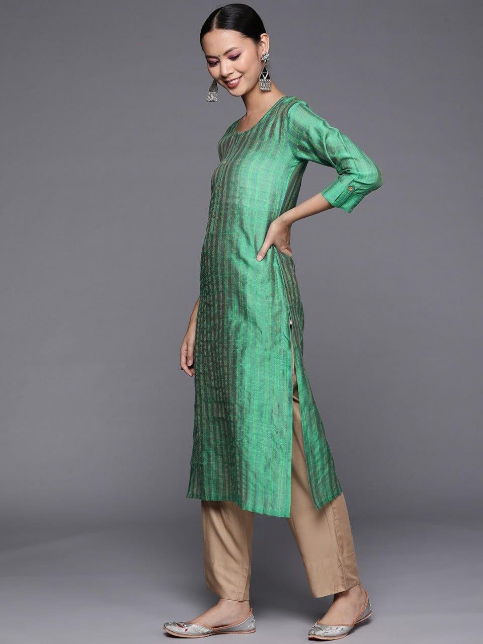 Women Green Silk Woven Design Straight Kurta - Indiakreations