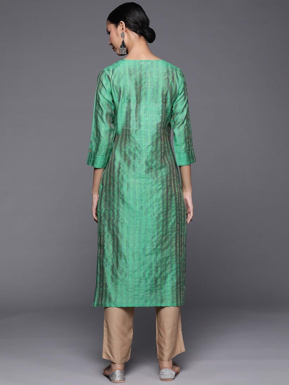 Women Green Silk Woven Design Straight Kurta - Indiakreations