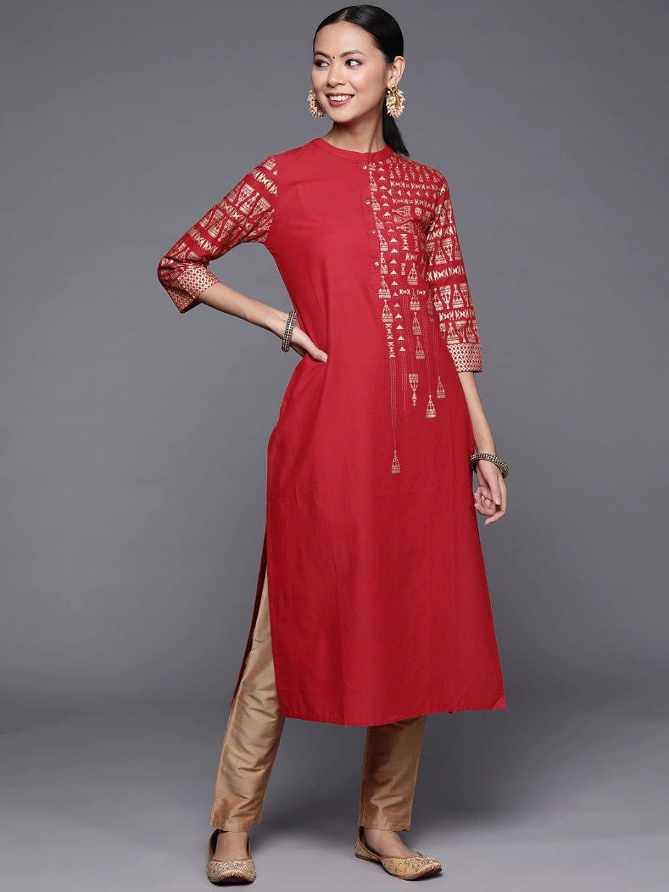 Women Maroon & Gold-Toned Foil Printed Straight Kurta - Indiakreations