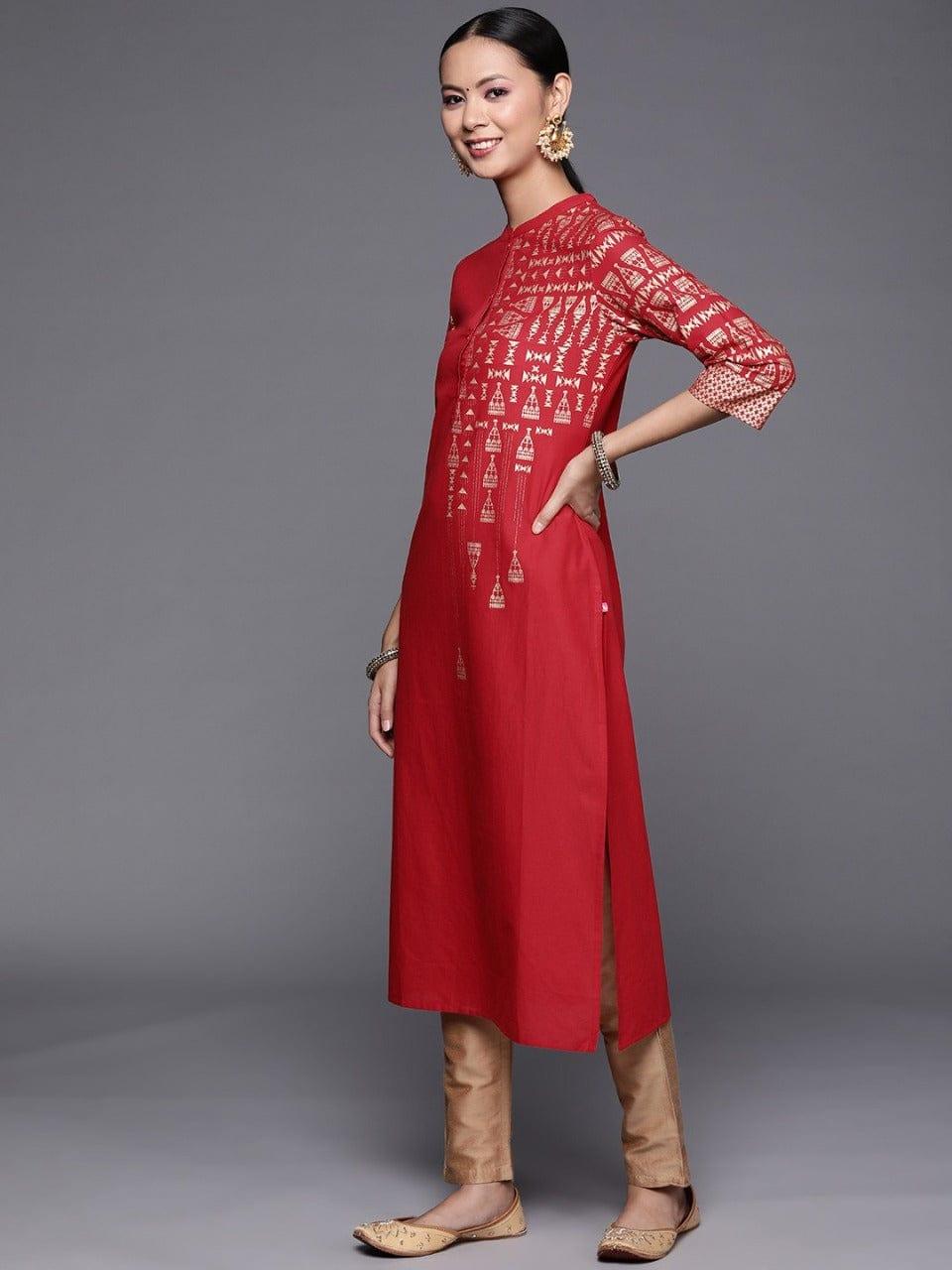 Women Maroon & Gold-Toned Foil Printed Straight Kurta - Indiakreations