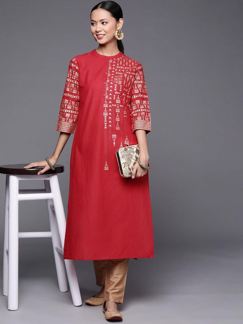 Women Maroon & Gold-Toned Foil Printed Straight Kurta - Indiakreations