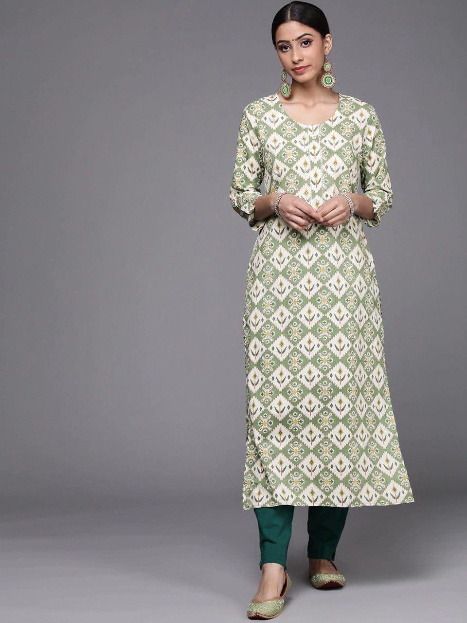 Varanga Women Green & White Ethnic Motifs Printed Gotta Patti Kurta - Indiakreations