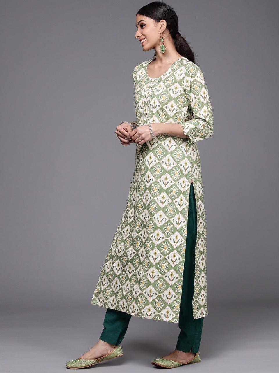 Varanga Women Green & White Ethnic Motifs Printed Gotta Patti Kurta - Indiakreations