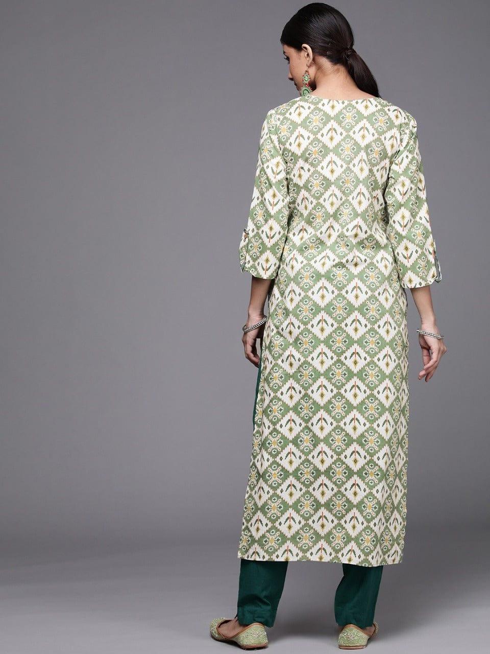 Varanga Women Green & White Ethnic Motifs Printed Gotta Patti Kurta - Indiakreations