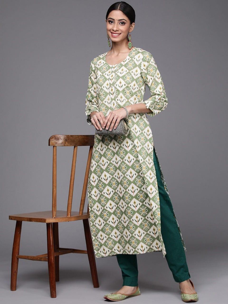 Varanga Women Green & White Ethnic Motifs Printed Gotta Patti Kurta - Indiakreations