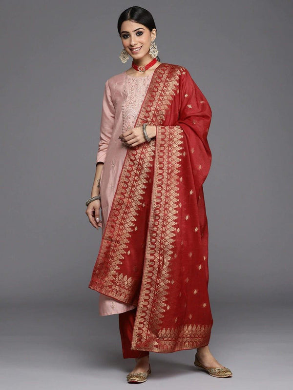 Varanga Women Dusty Pink Ethnic Motifs Embroidered Kurta with Trousers & Dupatta - Indiakreations