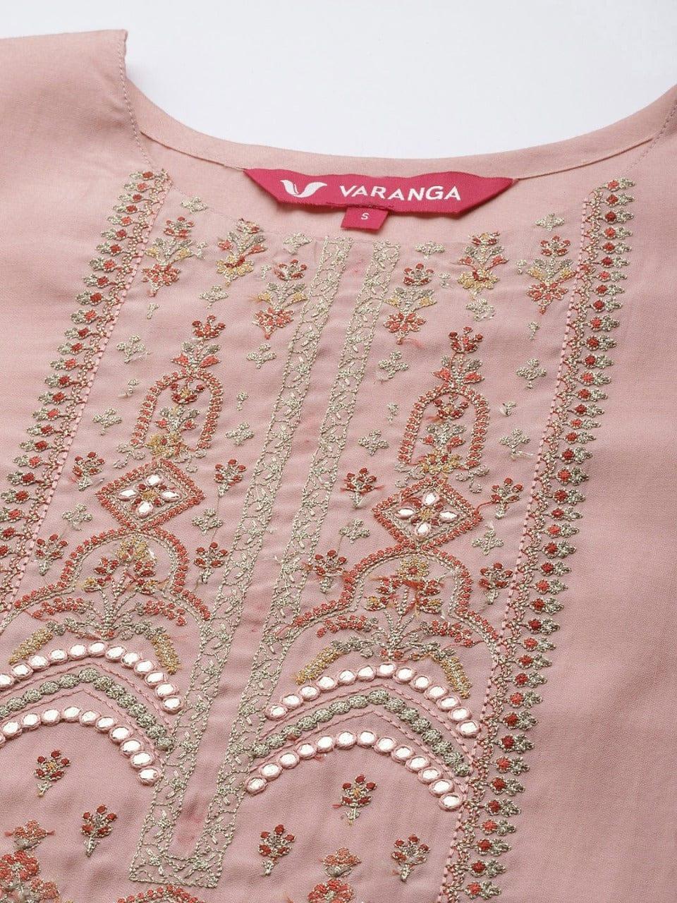 Varanga Women Dusty Pink Ethnic Motifs Embroidered Kurta with Trousers & Dupatta - Indiakreations