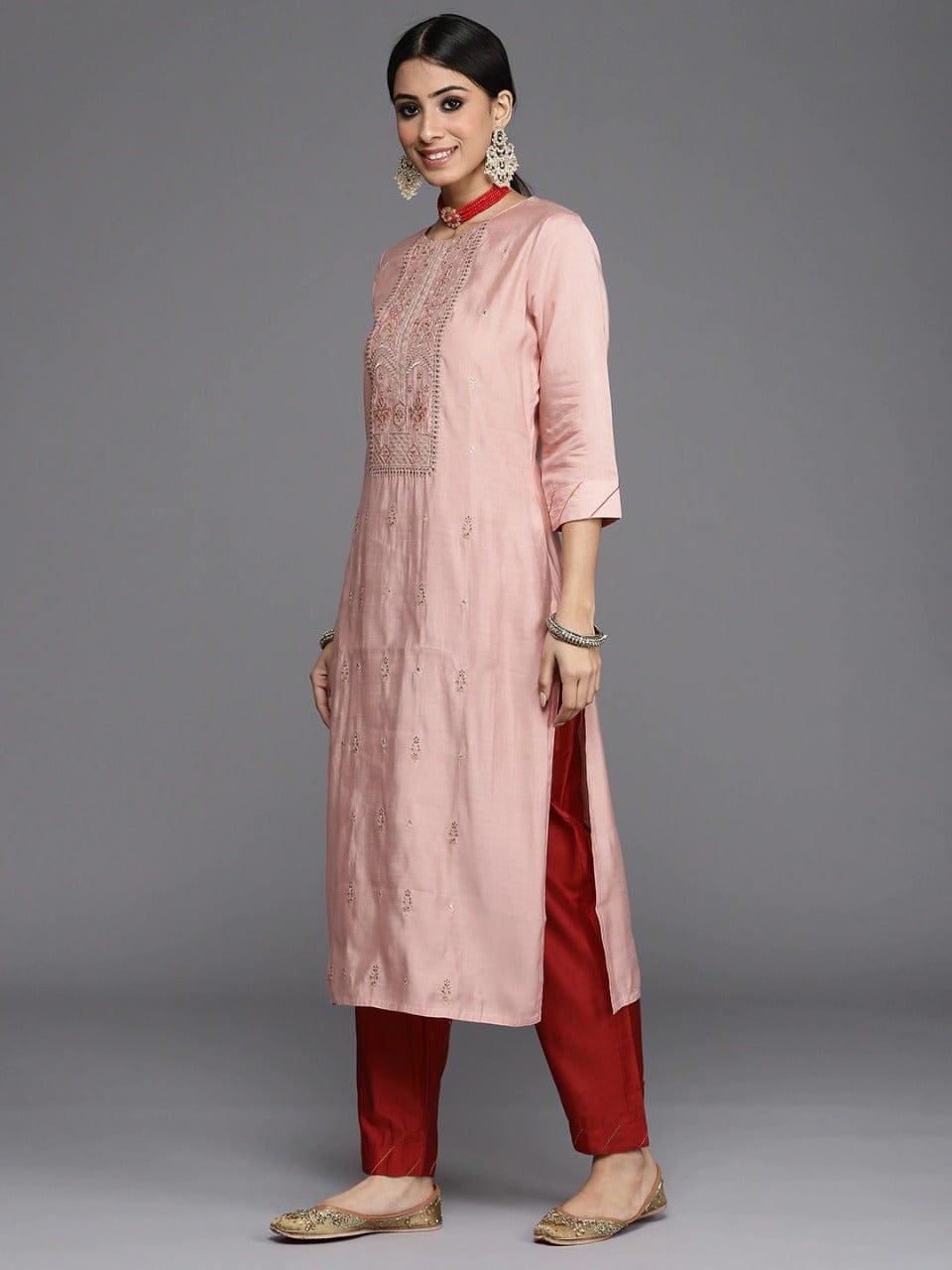 Varanga Women Dusty Pink Ethnic Motifs Embroidered Kurta with Trousers & Dupatta - Indiakreations