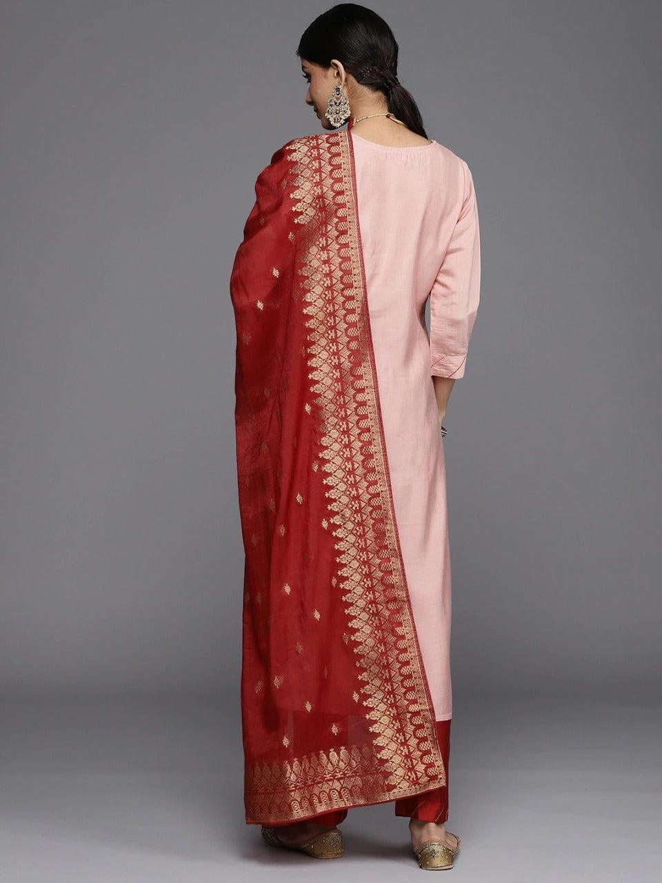 Varanga Women Dusty Pink Ethnic Motifs Embroidered Kurta with Trousers & Dupatta - Indiakreations