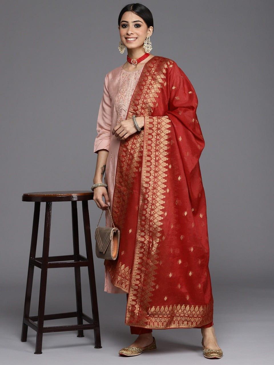 Varanga Women Dusty Pink Ethnic Motifs Embroidered Kurta with Trousers & Dupatta - Indiakreations