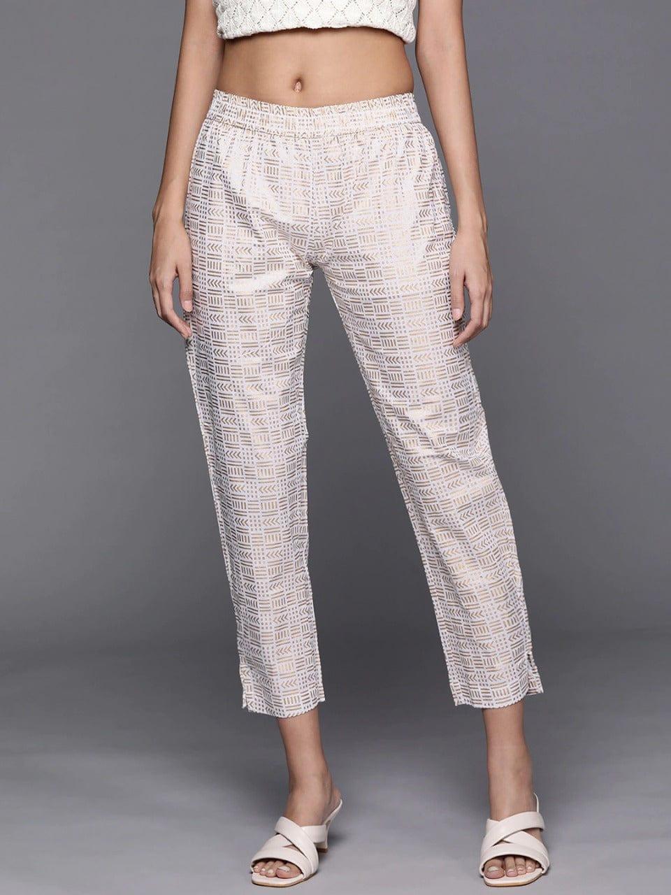 Varanga Women Off White & Golden Ethnic Motifs Printed Trousers - Indiakreations