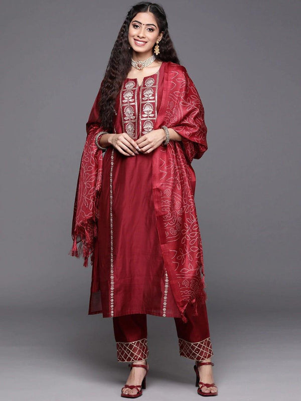 Varanga Women Maroon Embroidered Kurta with Trousers & With Dupatta - Indiakreations