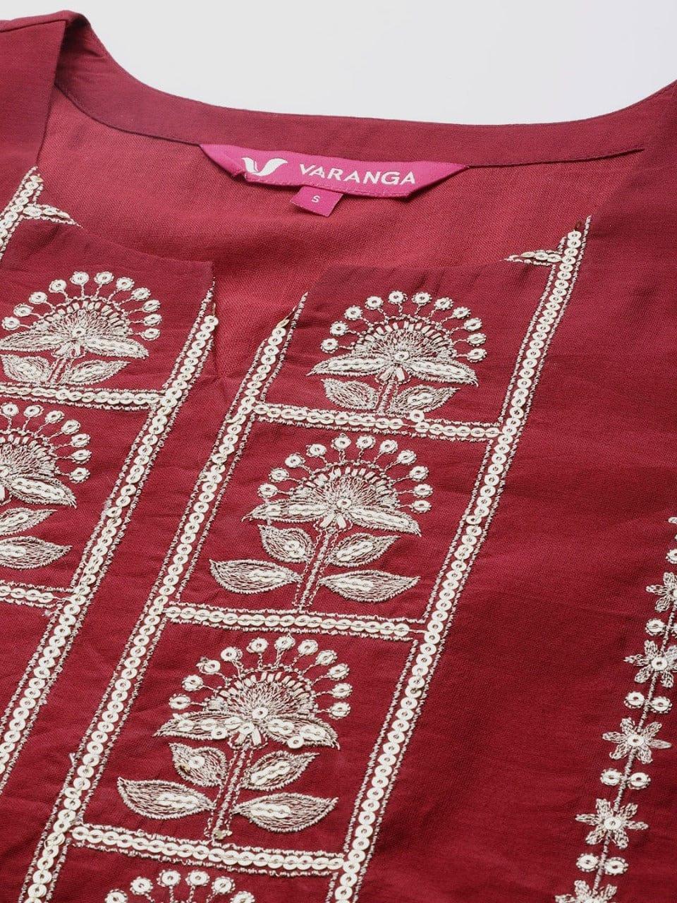 Varanga Women Maroon Embroidered Kurta with Trousers & With Dupatta - Indiakreations