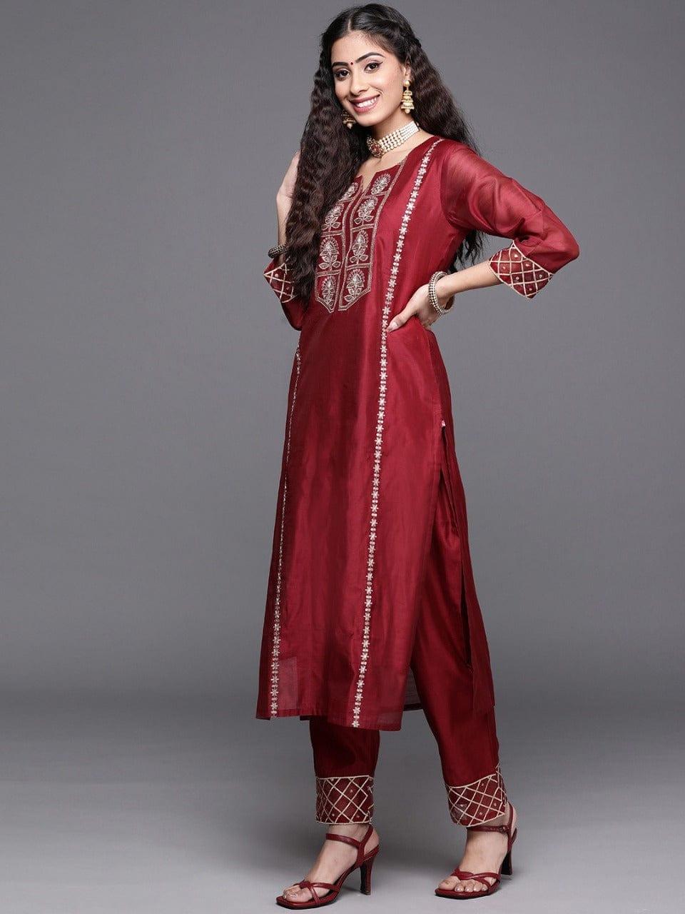 Varanga Women Maroon Embroidered Kurta with Trousers & With Dupatta - Indiakreations