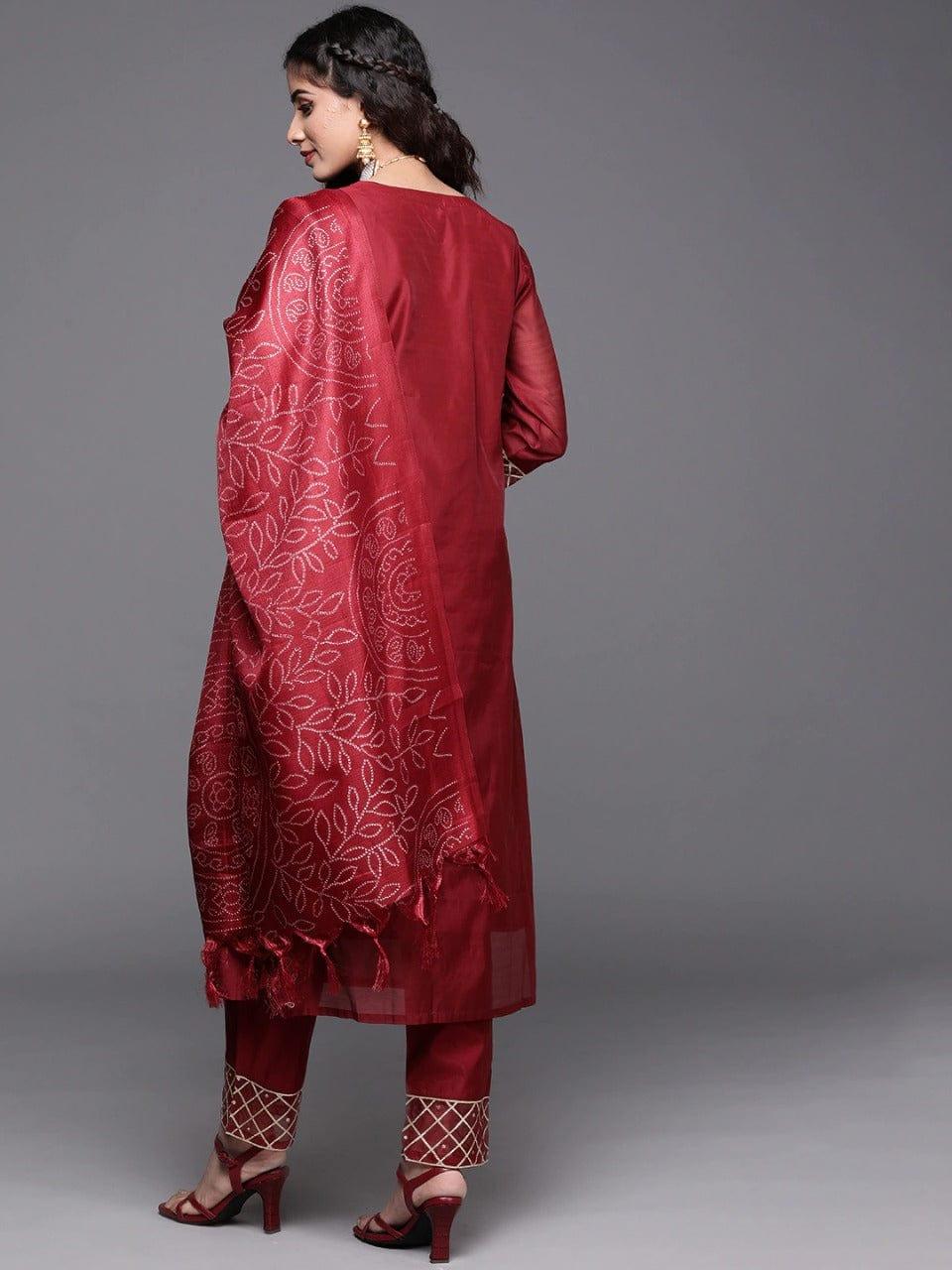 Varanga Women Maroon Embroidered Kurta with Trousers & With Dupatta - Indiakreations