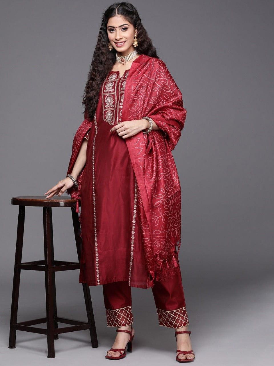 Varanga Women Maroon Embroidered Kurta with Trousers & With Dupatta - Indiakreations