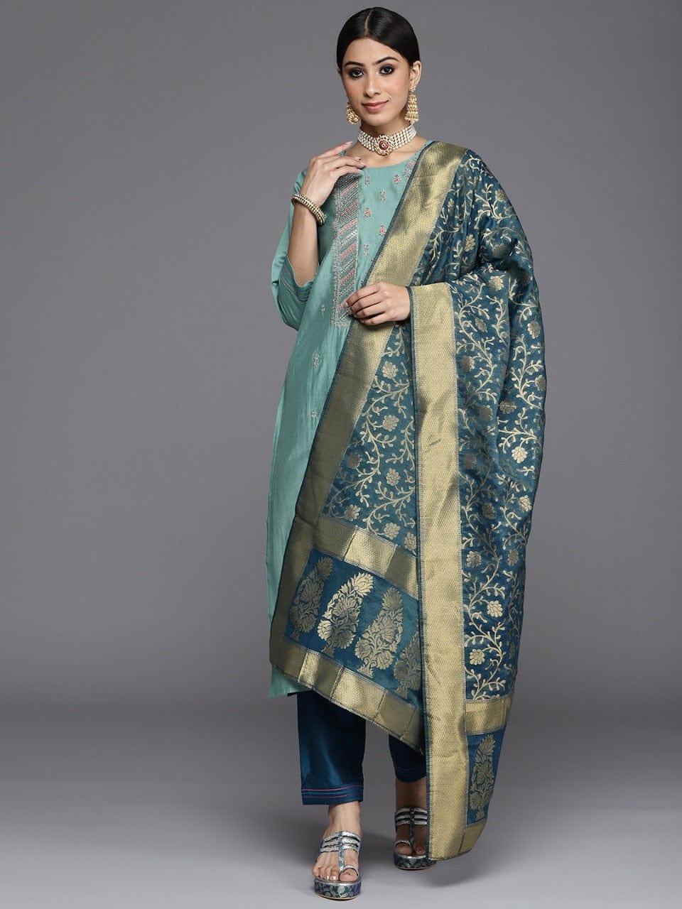 Varanga Women Blue Ethnic Motifs Embroidered Kurta with Trousers & Dupatta - Indiakreations