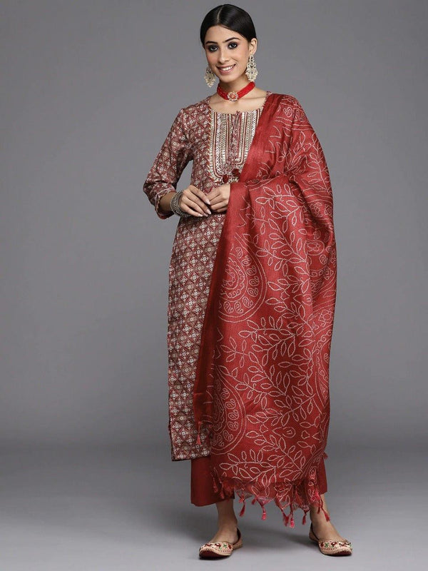 Varanga Women Maroon Ethnic Motifs Embroidered Gotta Patti Kurta with Trousers & Dupatta - Indiakreations