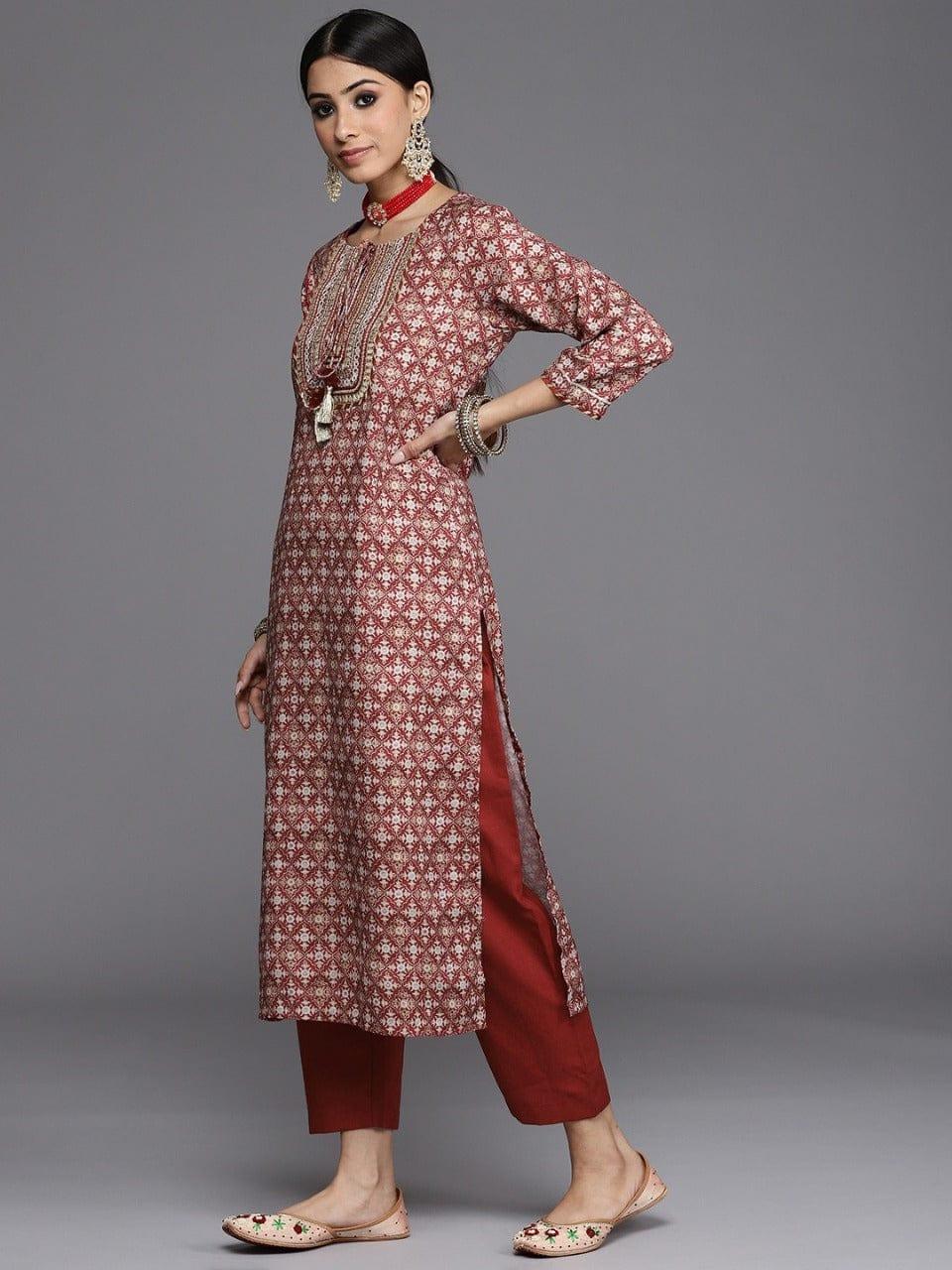 Varanga Women Maroon Ethnic Motifs Embroidered Gotta Patti Kurta with Trousers & Dupatta - Indiakreations