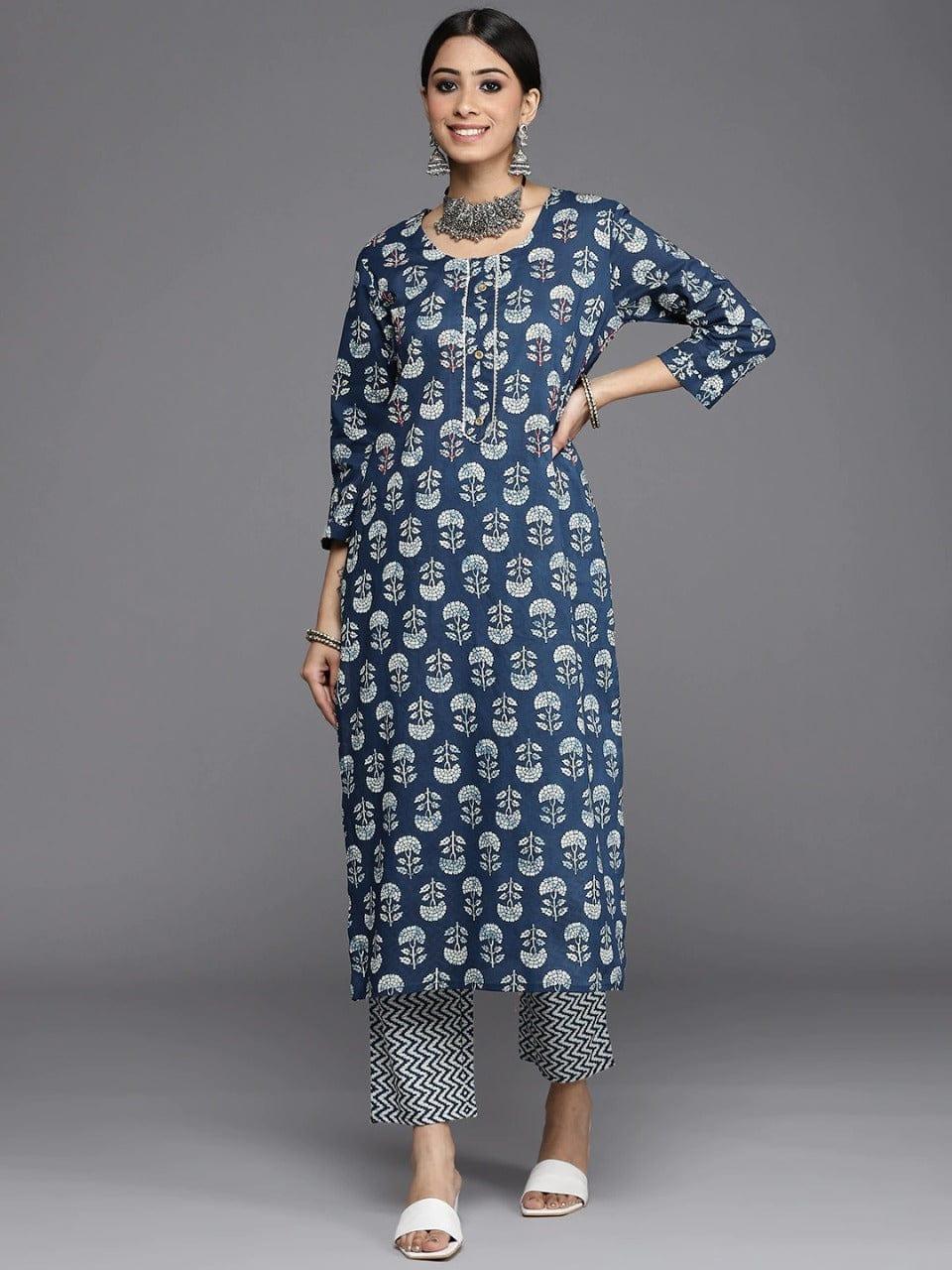 Varanga Women Blue Ethnic Motifs Printed Sequinned Pure Cotton Kurta with Trousers - Indiakreations