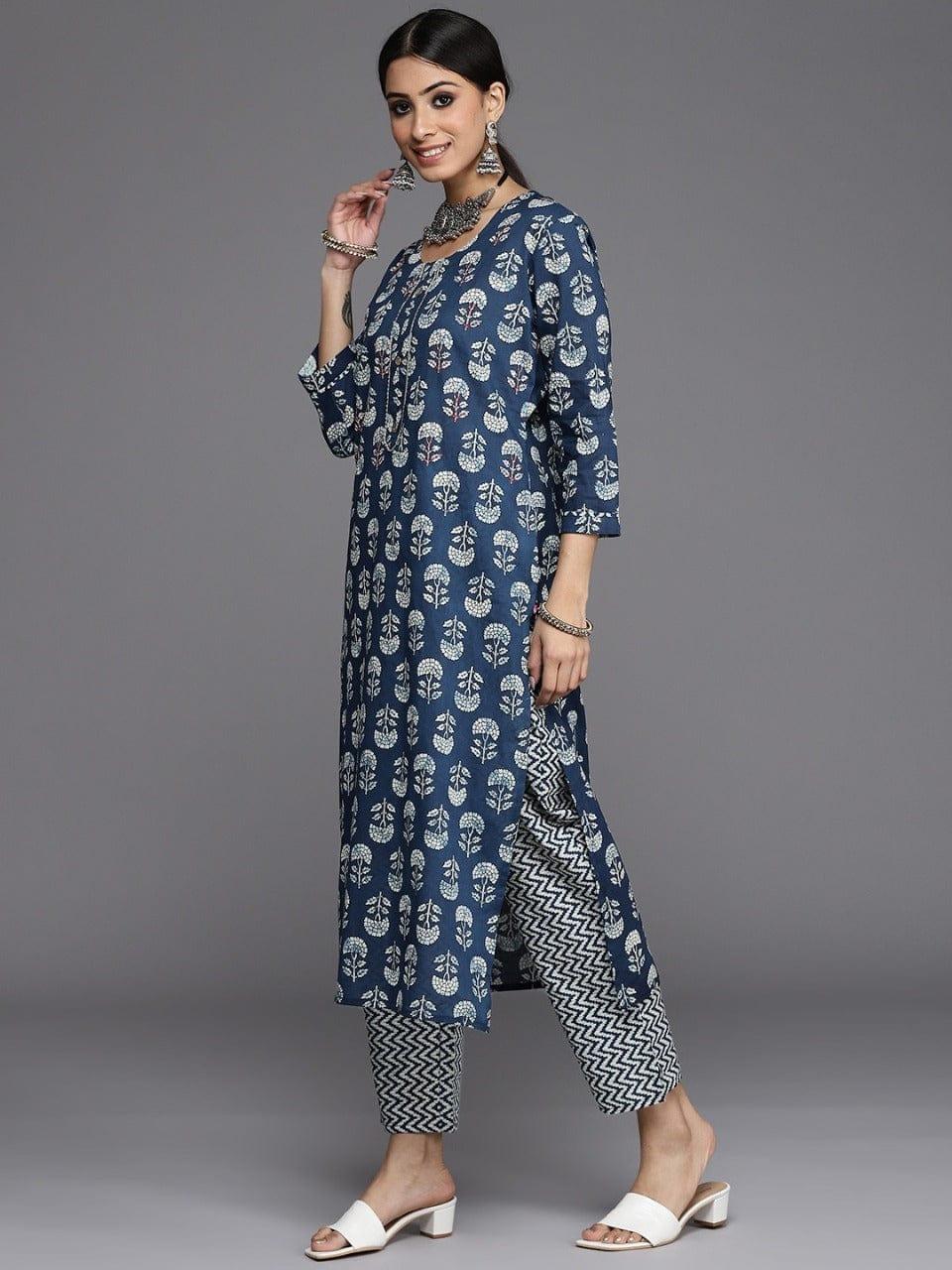 Varanga Women Blue Ethnic Motifs Printed Sequinned Pure Cotton Kurta with Trousers - Indiakreations