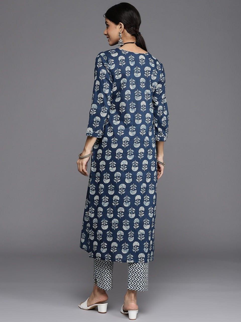 Varanga Women Blue Ethnic Motifs Printed Sequinned Pure Cotton Kurta with Trousers - Indiakreations