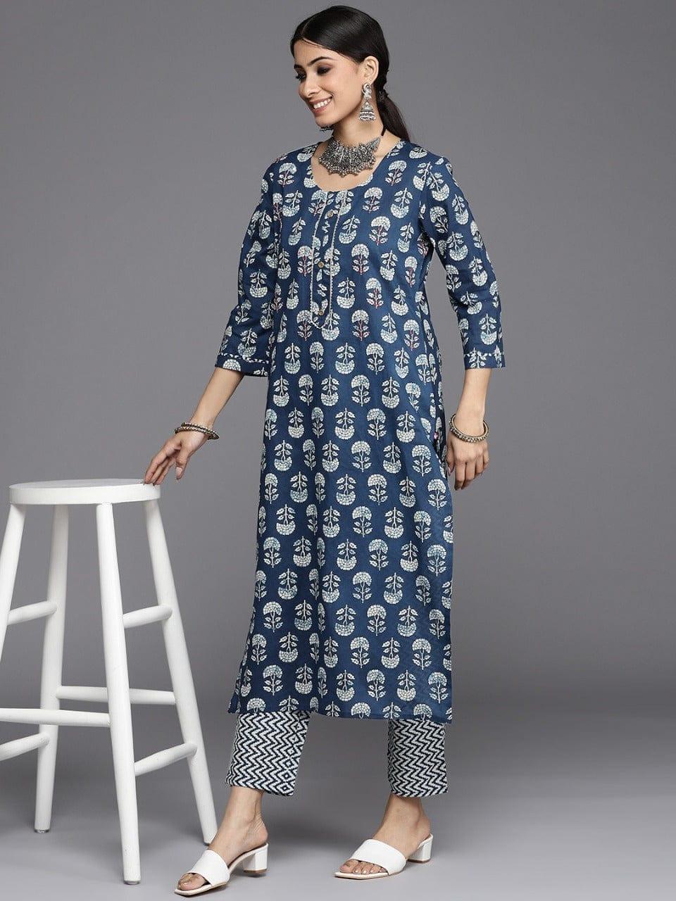 Varanga Women Blue Ethnic Motifs Printed Sequinned Pure Cotton Kurta with Trousers - Indiakreations