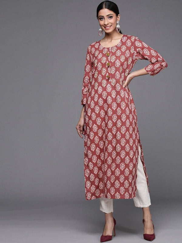 Varanga Women Maroon & White Ethnic Motifs Printed Kurta - Indiakreations