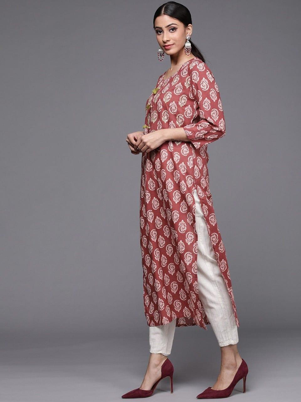 Varanga Women Maroon & White Ethnic Motifs Printed Kurta - Indiakreations