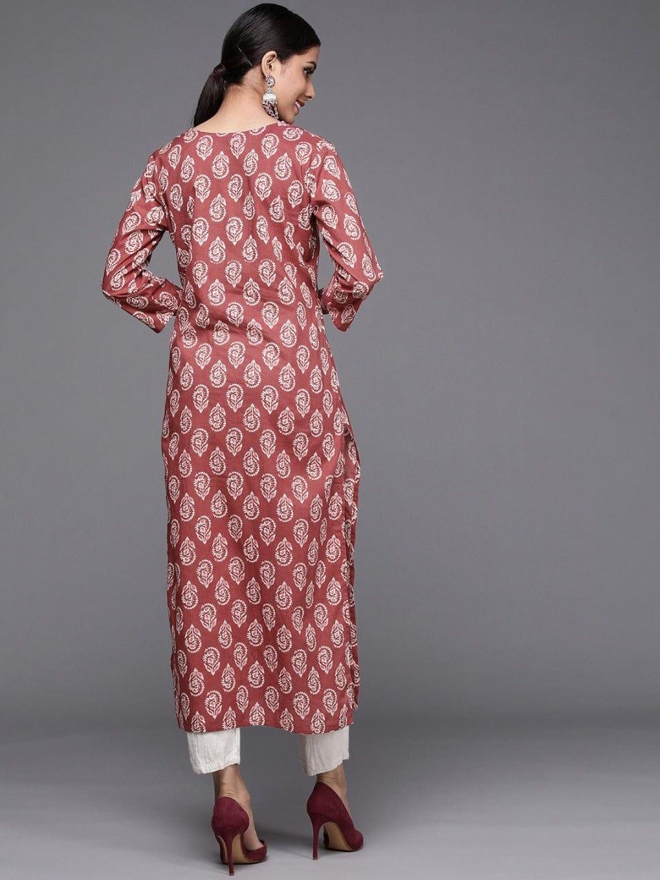 Varanga Women Maroon & White Ethnic Motifs Printed Kurta - Indiakreations