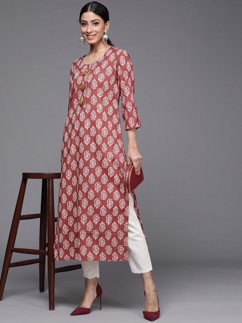 Varanga Women Maroon & White Ethnic Motifs Printed Kurta - Indiakreations