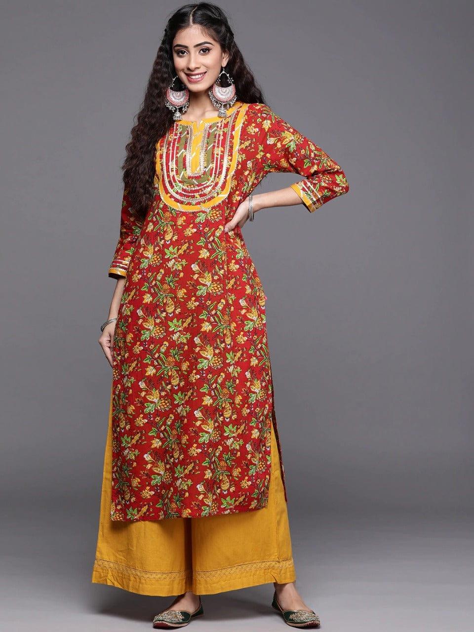 Varanga Women Red & Mustard Yellow Pure Cotton Floral Printed Patchwork Detail Kurta - Indiakreations