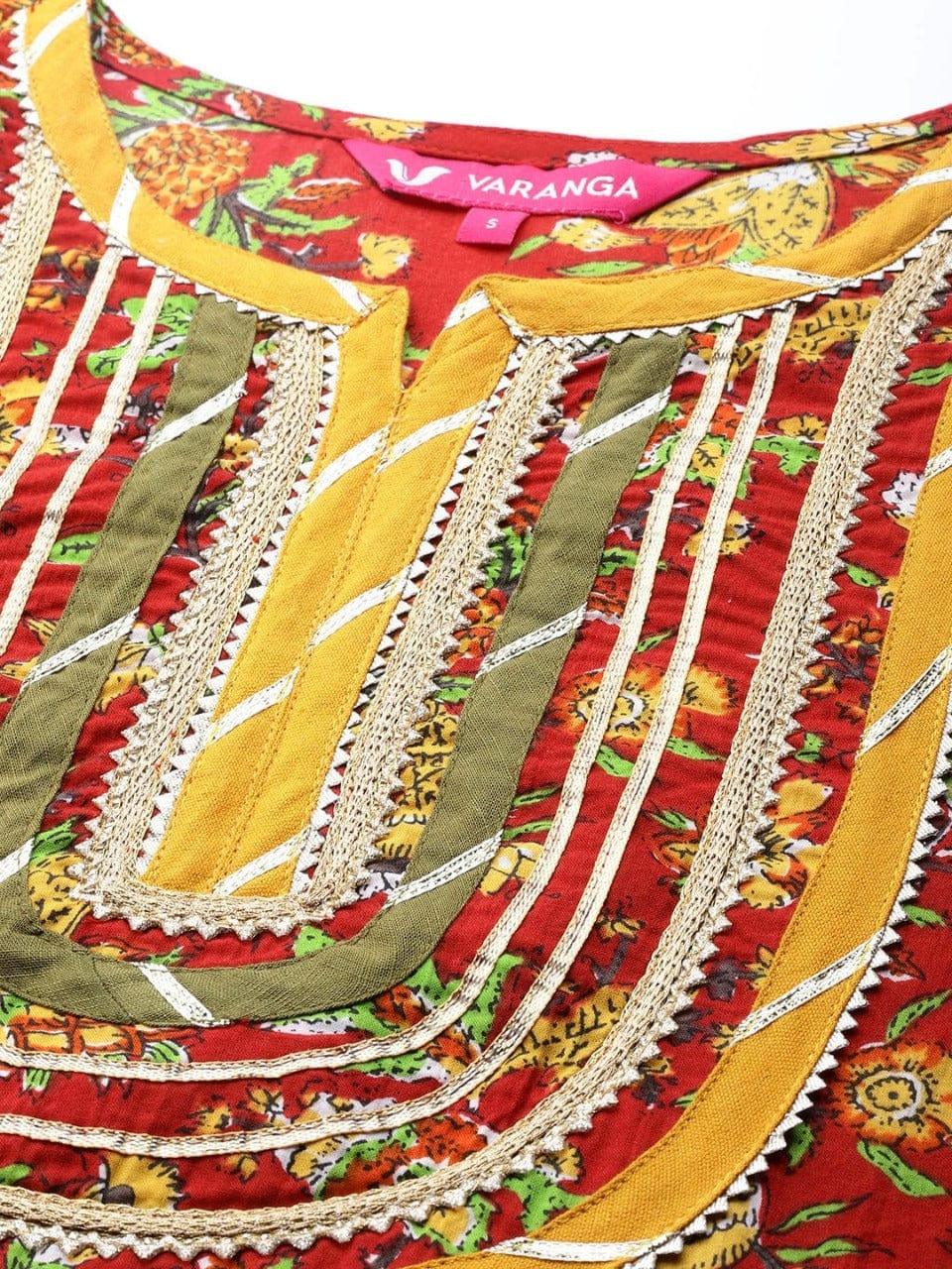 Varanga Women Red & Mustard Yellow Pure Cotton Floral Printed Patchwork Detail Kurta - Indiakreations