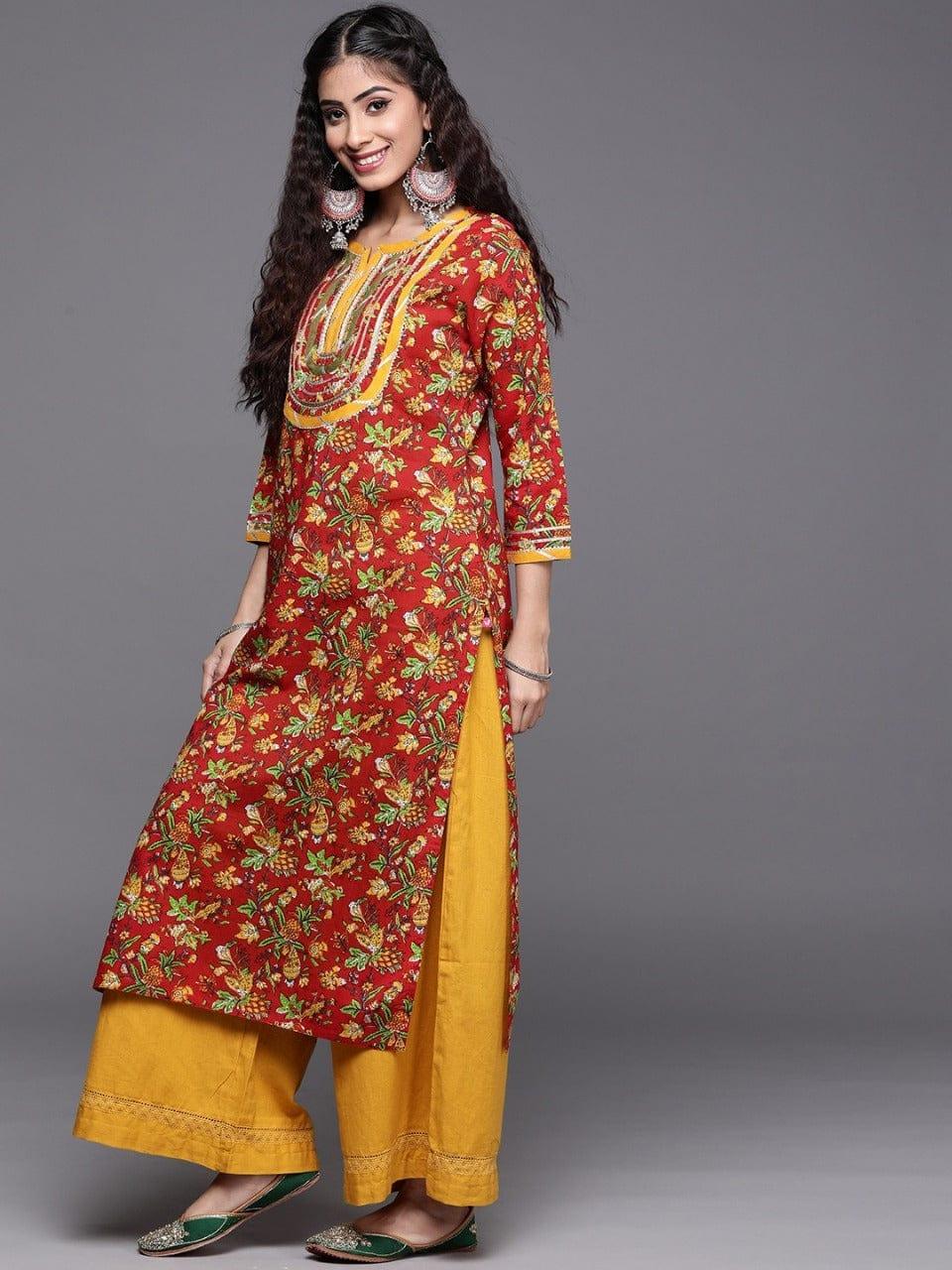 Varanga Women Red & Mustard Yellow Pure Cotton Floral Printed Patchwork Detail Kurta - Indiakreations