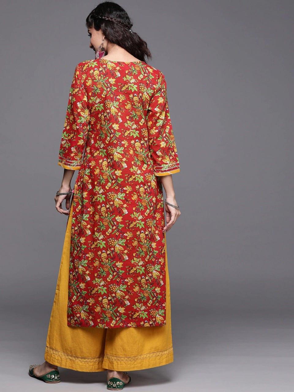 Varanga Women Red & Mustard Yellow Pure Cotton Floral Printed Patchwork Detail Kurta - Indiakreations