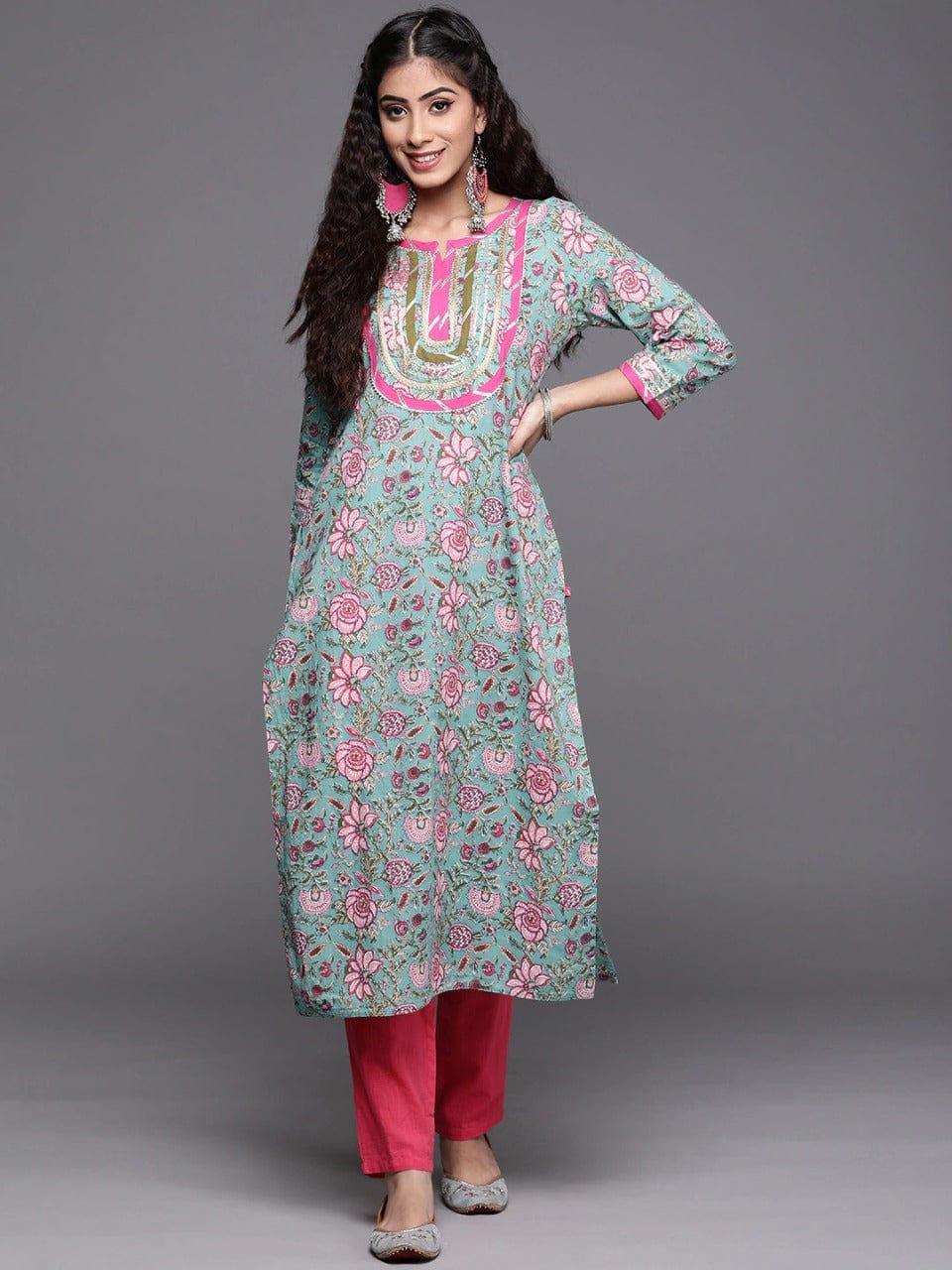 Varanga Women Turquoise Blue & Pink Pure Cotton Floral Printed Patchwork Floral Kurta - Indiakreations