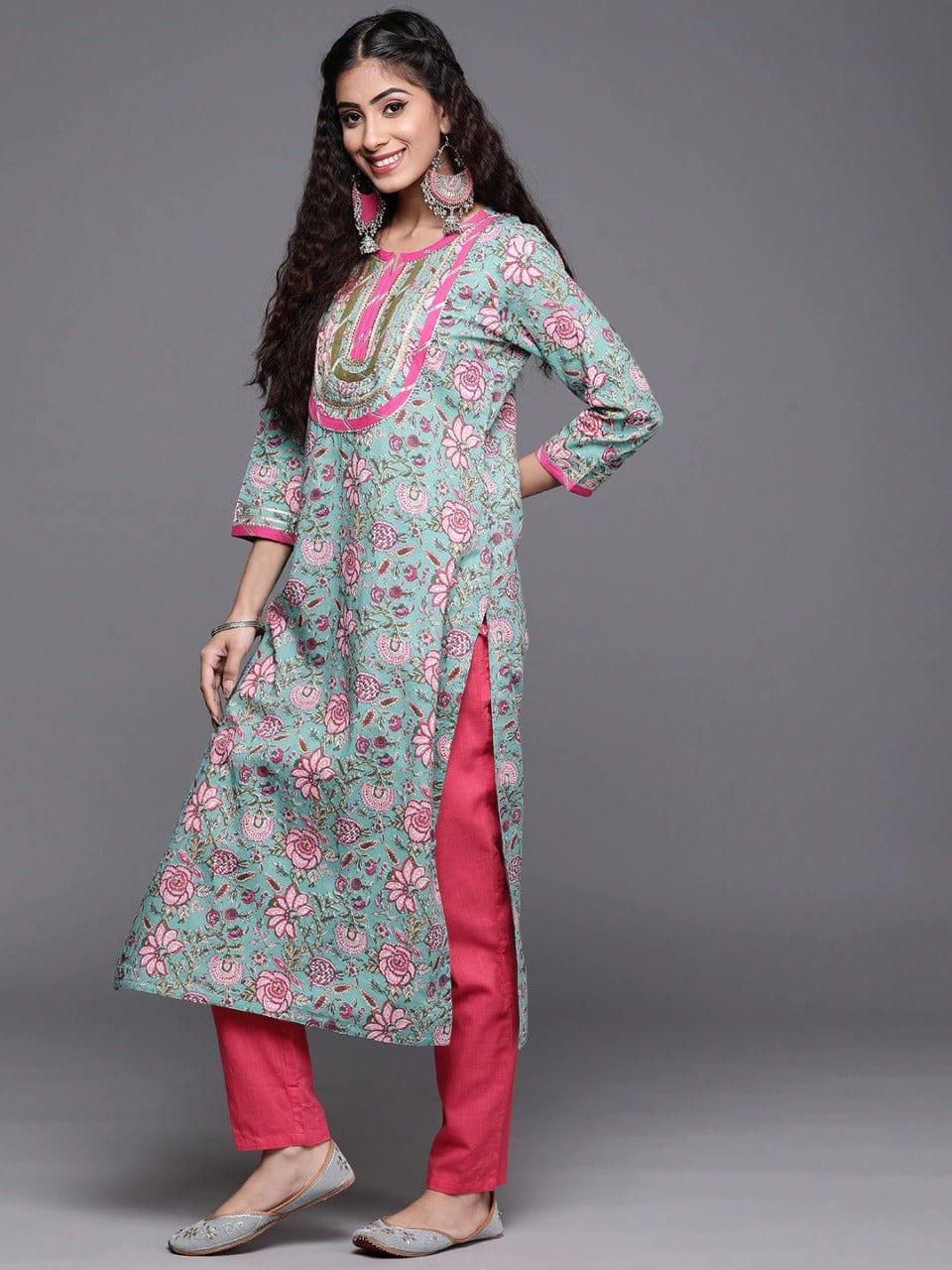 Varanga Women Turquoise Blue & Pink Pure Cotton Floral Printed Patchwork Floral Kurta - Indiakreations