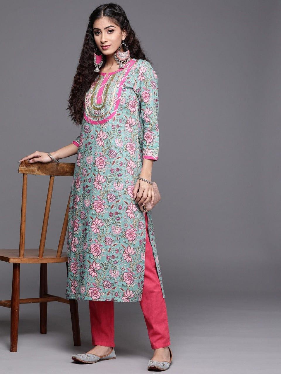 Varanga Women Turquoise Blue & Pink Pure Cotton Floral Printed Patchwork Floral Kurta - Indiakreations