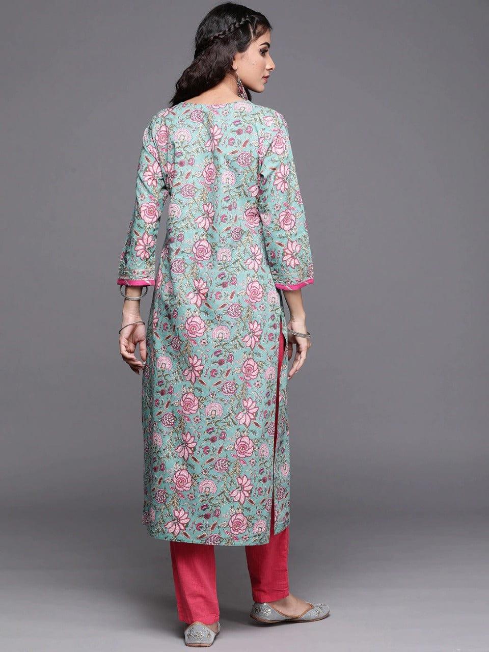 Varanga Women Turquoise Blue & Pink Pure Cotton Floral Printed Patchwork Floral Kurta - Indiakreations