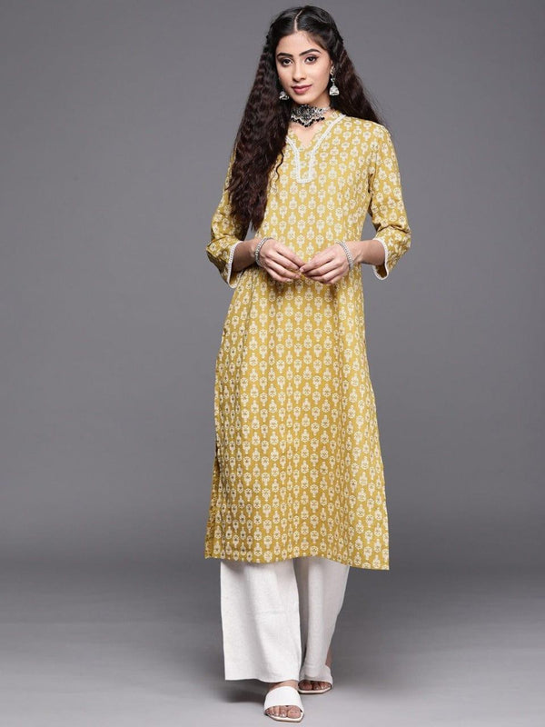 Varanga Women Mustard Yellow & Cream-Coloured Pure Cotton Ethnic Motifs Printed Kurta - Indiakreations