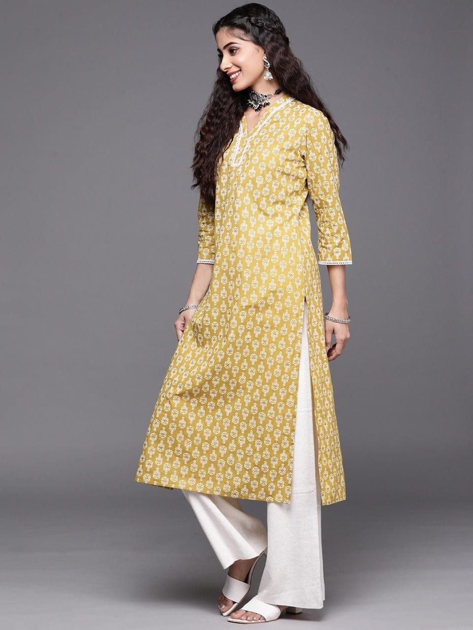 Varanga Women Mustard Yellow & Cream-Coloured Pure Cotton Ethnic Motifs Printed Kurta - Indiakreations