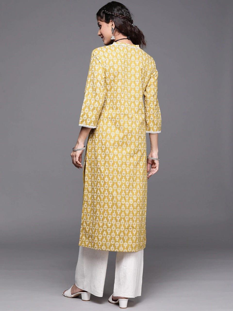 Varanga Women Mustard Yellow & Cream-Coloured Pure Cotton Ethnic Motifs Printed Kurta - Indiakreations