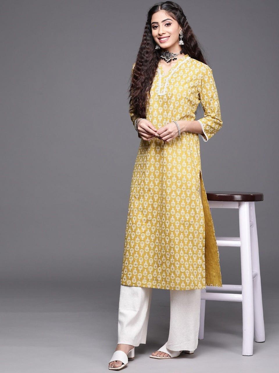 Varanga Women Mustard Yellow & Cream-Coloured Pure Cotton Ethnic Motifs Printed Kurta - Indiakreations